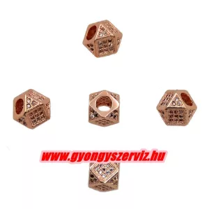 Cirkon köztes gyöngy. 7mm. Rózsaarany szín, fehér kristály.