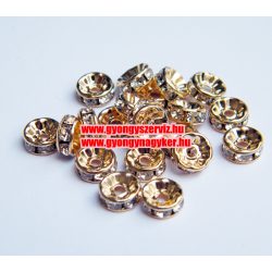   10db. Strasszos fém köztes, rondell. 8x3mm. Egyenes, világos rózsaarany.
