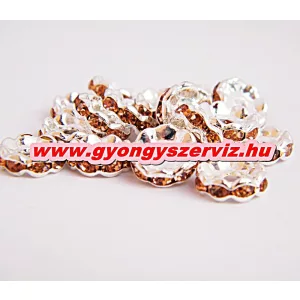 10db. Strasszos fém köztes gyöngy. Rondell. 10x3mm. Barack. AAA