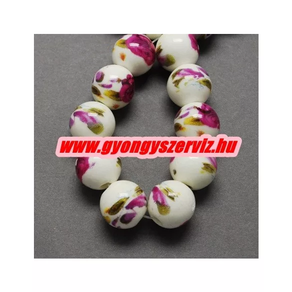 Porcelán ékszergyöngy. 8mm. Sötét pink virág.