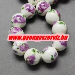 Porcelán ékszergyöngy. 10mm. Lila virág.