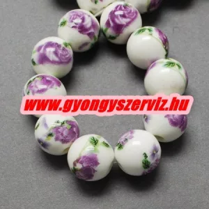 Porcelán ékszergyöngy. 10mm. Lila virág.