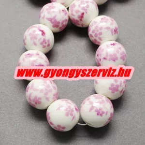 Porcelán ékszergyöngy. 8mm. Rózsaszín virág. 