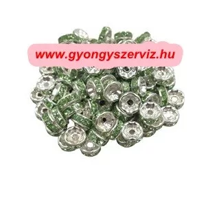 10db. Strasszos kösztes gyöngy, rondell. AAA. 8x3.5mm. Világoszöld.