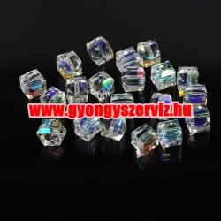   Kiárusítás!  Csiszolt üveggyöngy, kristály gyöngy. Kocka. 10mm. Kristály AB. Mindig akcióban!