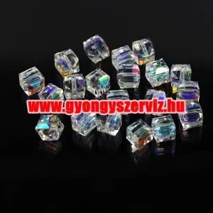 Kiárusítás!  Csiszolt üveggyöngy, kristály gyöngy. Kocka. 10mm. Kristály AB. Mindig akcióban!