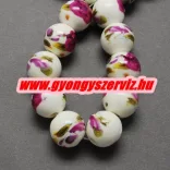 Porcelán ékszergyöngy. 10mm. Sötét pink virág.