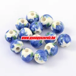 Porcelán ékszergyöngy. 10mm. Kék virág.