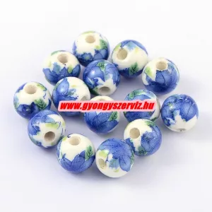 Porcelán ékszergyöngy. 10mm. Kék virág.