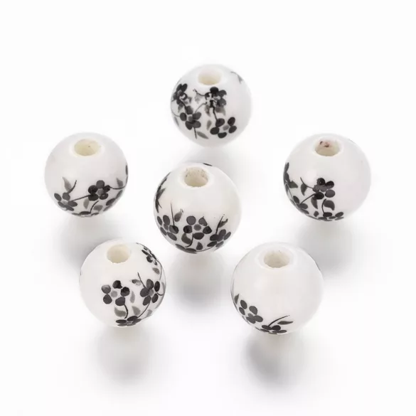 Porcelán ékszergyöngy. 10mm. Fekete virág.
