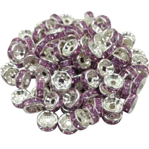 10db. Strasszos fém köztes gyöngy. Rondell. Ametiszt. 8x3.5mm. AAA