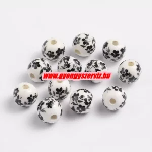 Porcelán ékszergyöngy. 8mm. Fekete virág. 
