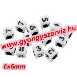   20db. Műanyag szám  gyöngy.  Akril gyöngy. 6x6mm.Fehér .Válassz számot!