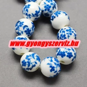 Porcelán ékszergyöngy. 8mm. Királykék virág. 