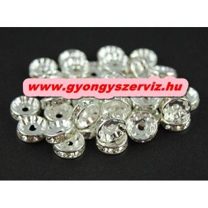 10db. Strasszos fém köztes gyöngy. Rondell. 8x3mm. Ezüst szín.