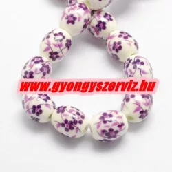 Porcelán ékszergyöngy. 12x10mm. Lila virág.