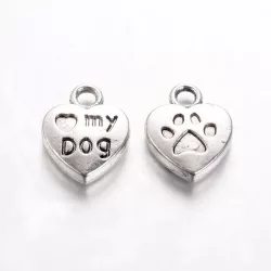   10db.  My Dog. Szívecskés fém medál, fityegő. Antik ezüst szín.