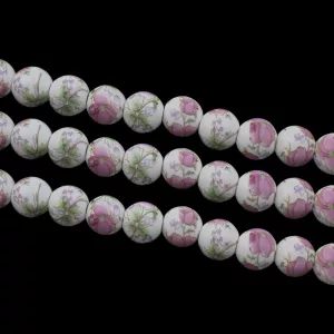 Porcelán gyöngy. 6mm. Pink virág.