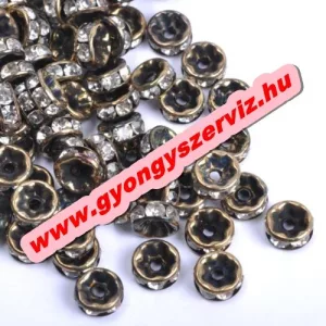 10db. Strasszos fém köztes gyöngy. Rondell. 6x3mm. Antik bronz szín.