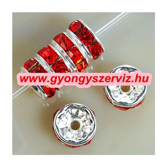 10db. Strasszos fém köztes gyöngy. Rondell. Piros. 8x3.5mm. AAA