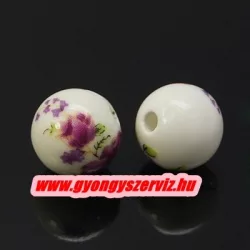 Porcelán ékszergyöngy. 12mm. Lilás virág.