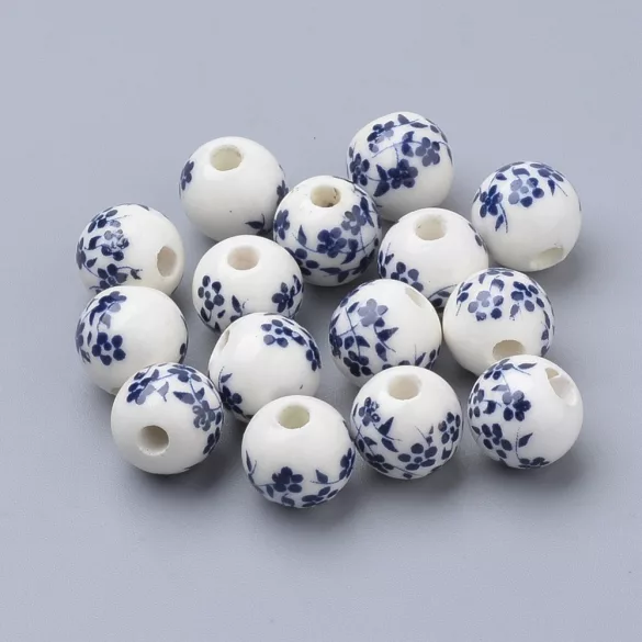 Porcelán ékszergyöngy. 10mm. Poroszkék virág.
