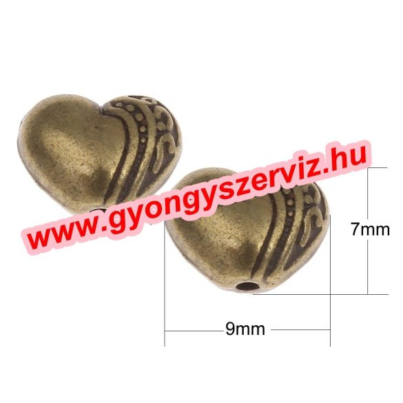 10db. Szív. 9x7x5mm.  Antik bronz szín. Fémgyöngy, köztes gyöngy.