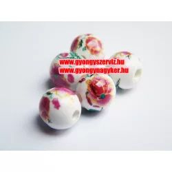 Porcelán gyöngy 10mm. Nagy pink  virág.