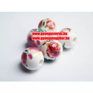 Porcelán gyöngy 10mm. Nagy pink  virág.