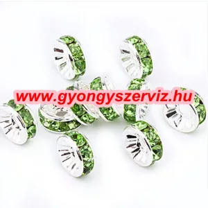 10db. Strasszos fém köztes gyöngy. Rondell. Világoszöld. 6x3mm. AAA