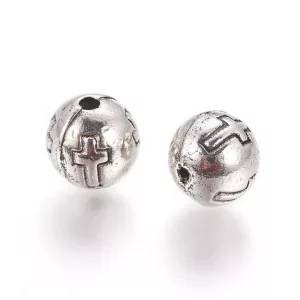 10db. Fém köztes gyöngy. Golyó, kereszttel. 8mm. Antik ezüst szín.