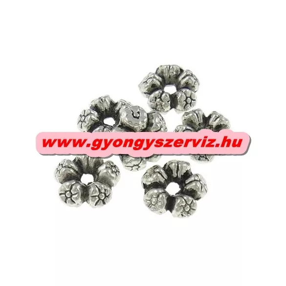 10db. Virág. 8x3.5mm. Antik ezüst szín. Fémgyöngy, köztes gyöngy.
