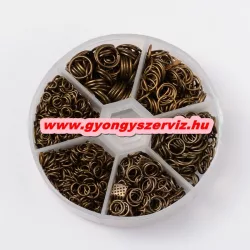   Fém karika. Szerelő karika. Antik bronz szín. 4-10mm. 1745db + ajándék tároló doboz!