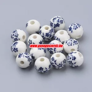 Porcelán ékszergyöngy. 8mm. Poroszkék virág.