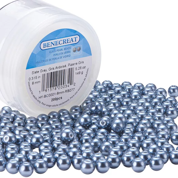 Üveg tekla gyöngy. AAA. Sötétszürke. 8mm. 200db. + ajándék doboz.
