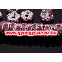   10db. Strasszos kösztes gyöngy, rondell. 8 x3mm. Rózsaszín.