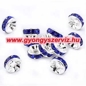 10db. Strasszos fém köztes gyöngy. Rondell. Sötétkék. 6x3mm. AAA