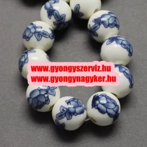 Porcelán ékszer gyöngy. 8mm. Poroszkék virág.