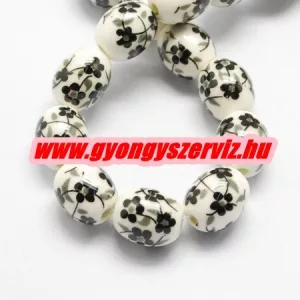 Porcelán ékszergyöngy. 12x10mm. Fekete virág. 