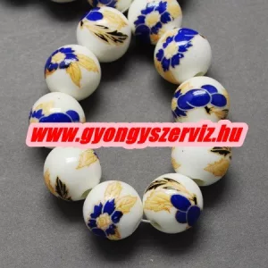 Porcelán ékszergyöngy. 10mm. Kék és sárga virág. 
