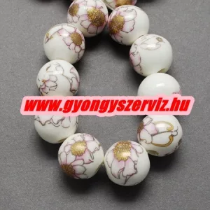 Porcelán ékszergyöngy. 10mm. Aranyvessző.