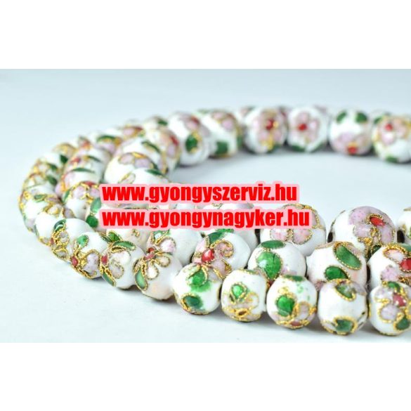 Cloisonne gyöngy. Rekesztűzzománc gyöngy. 8mm. Fehér. Mindig akcióban!