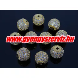   Cirkónia kristályos köztes gyöngy. 10mm. Arany szín, fehér kristály.