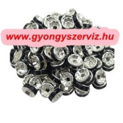   10db. Strasszos fém köztes gyöngy. Rondell. Fekete. 8x3.5mm. AAA