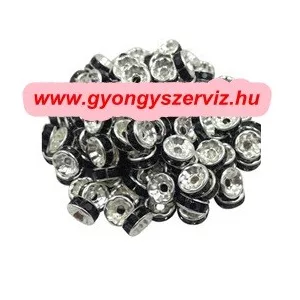 10db. Strasszos fém köztes gyöngy. Rondell. Fekete. 8x3.5mm. AAA