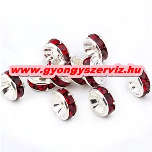 10db. Strasszos fém köztes gyöngy. Rondell. 6x3mm. Piros. AAA.