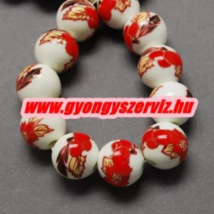 Porcelán ékszergyöngy. 8mm. Piros virág.