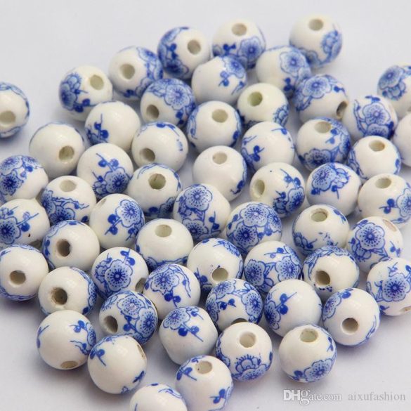 Porcelán gyöngy 10mm. Kék virágok. Mindig akcióban!