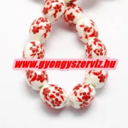 Porcelán ékszergyöngy. 12x10mm. Piros virág. 