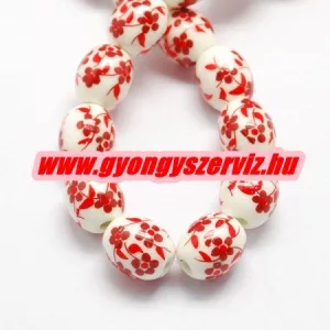 Porcelán ékszergyöngy. 12x10mm. Piros virág. 